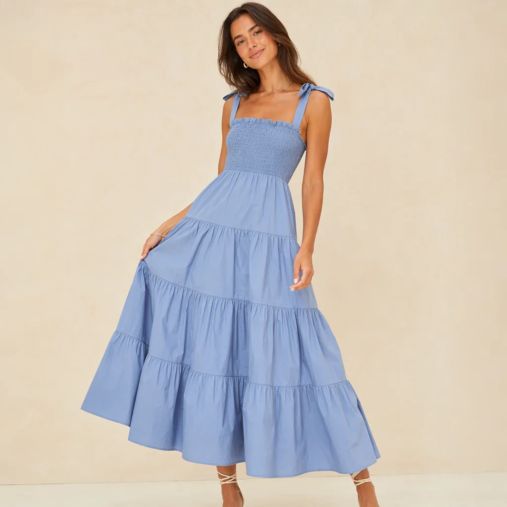 Illustrative image: Dusty blue tiered dress