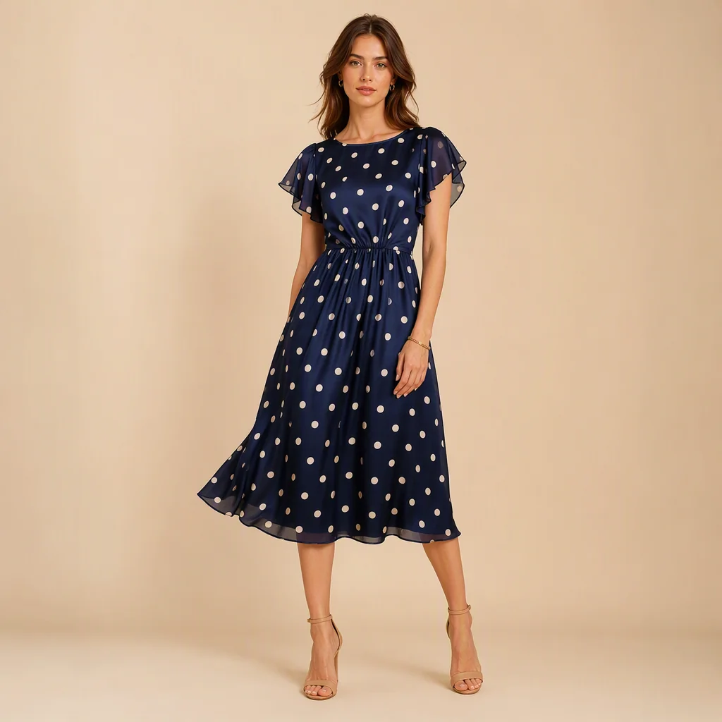 Illustrative image: Navy polka-dot dress