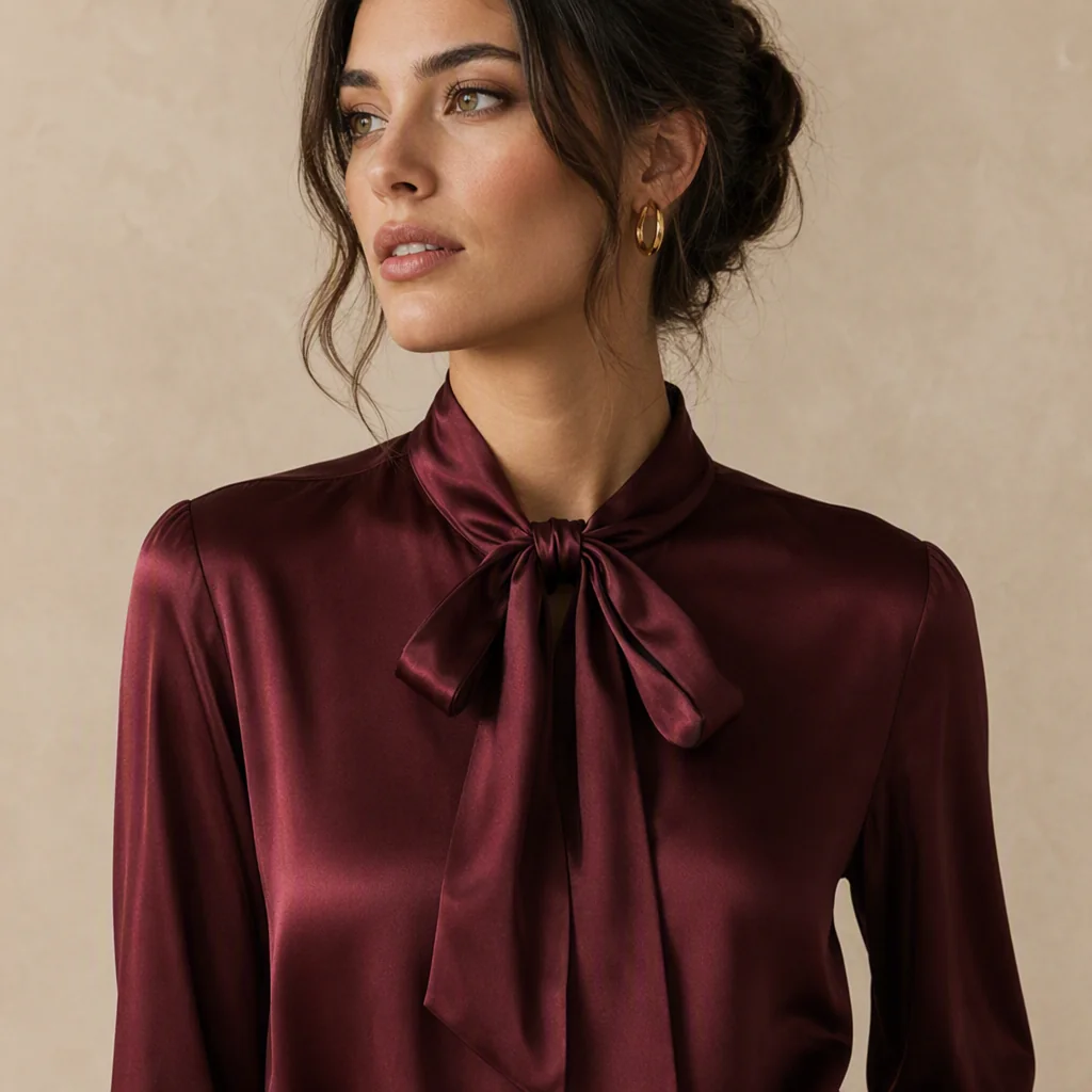 Illustrative image: Wine tie-neck blouse