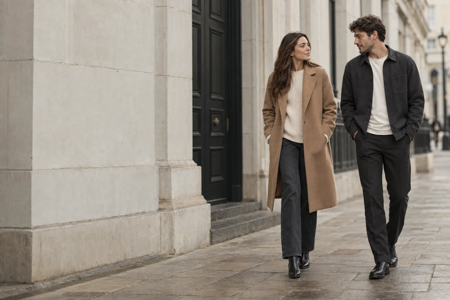 Illustrative fashion editorial: two fictional adults in neutral layers beside stone architecture